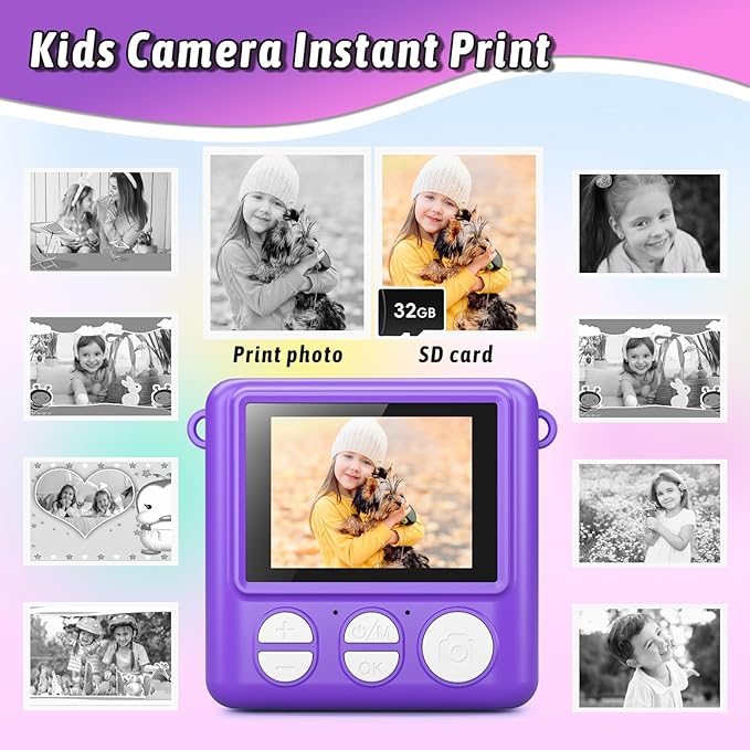 Kids Camera Instant Print, Christmas Birthday Gifts for Girls Boys Age 3-12，HD Selfie Kids Digital Camera, Portable Travel Toy for 3 4 5 6 7 8 9 10 Year Old Girls (Purple)