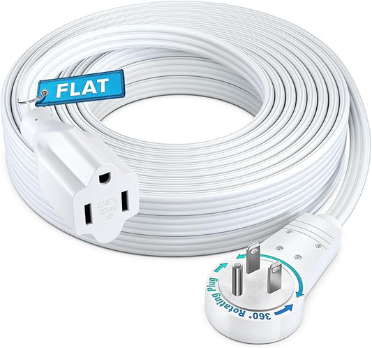 Maximm 360 Rotating Flat Plug Extension Cord 30 feet with Slim Space-Saving Plug Design, Low Profile (White)
