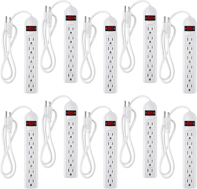 Hoteam 10 Pcs Power Strip Bulk 6 Outlet Surge Protector Power Cord Electrical Extension Cord with Switch Low Profile Plug Flat for Home Office(4 ft,White)