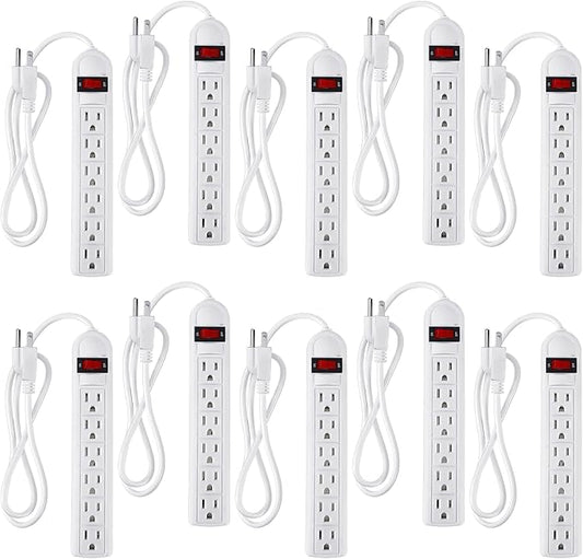 Hoteam 10 Pcs Power Strip Bulk 6 Outlet Surge Protector Power Cord Electrical Extension Cord with Switch Low Profile Plug Flat for Home Office(4 ft,White)
