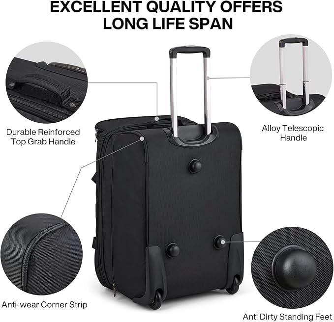 Hanke Large Expandable checked Luggage Suitcases with Wheels Foldable Duffle Bag for Travel suitcase for Women Men Garment Bag（Black）