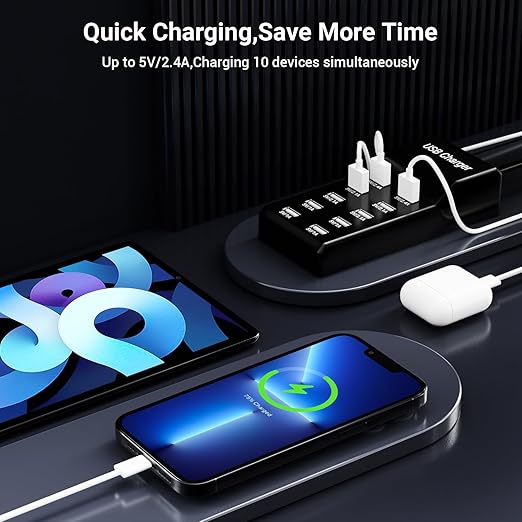 10-Port USB Charger 50w10A USB Charging Station, Multiport Charger Hub, Compatible with iPhone, Galaxy, iPad Tablet, and Other Devices (Black)
