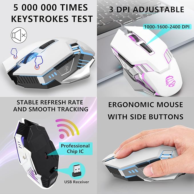 White Wireless Gaming Mouse Bluetooth Mouse with 3-Modes(BT5.0+BT3.0+2.4GHz), Rechargeable, RGB Backlit, Silent Click Computer Mouse for Laptop, PC, Macbook, iPad, Tablet, Chromebook, Games, Office