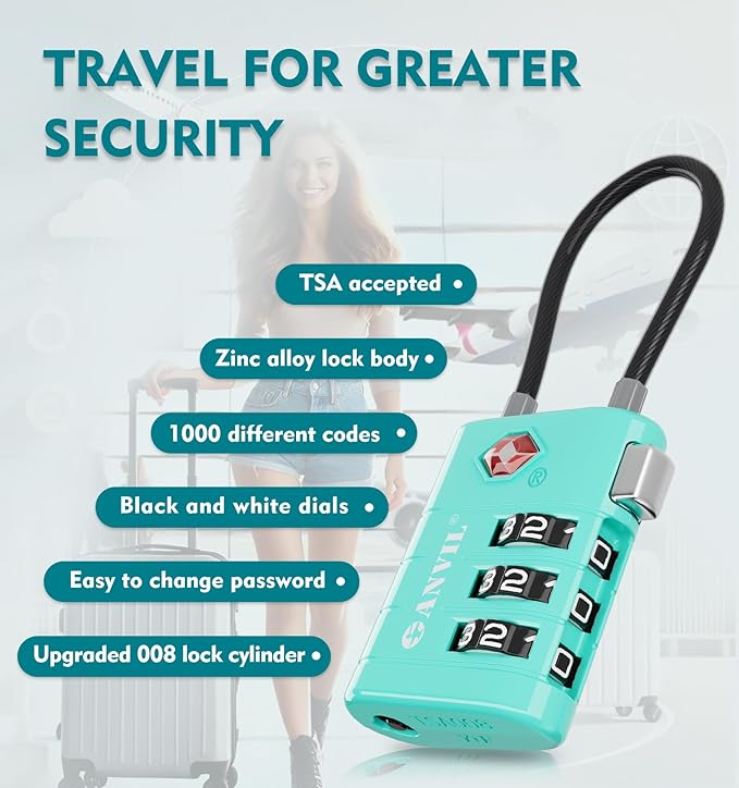 ANVIL TSA Approved Luggage Locks – High Security TSA008 Combination Travel Locks with Inspection Indicator for Suitcases and Backpacks. (3, 3 Colors)