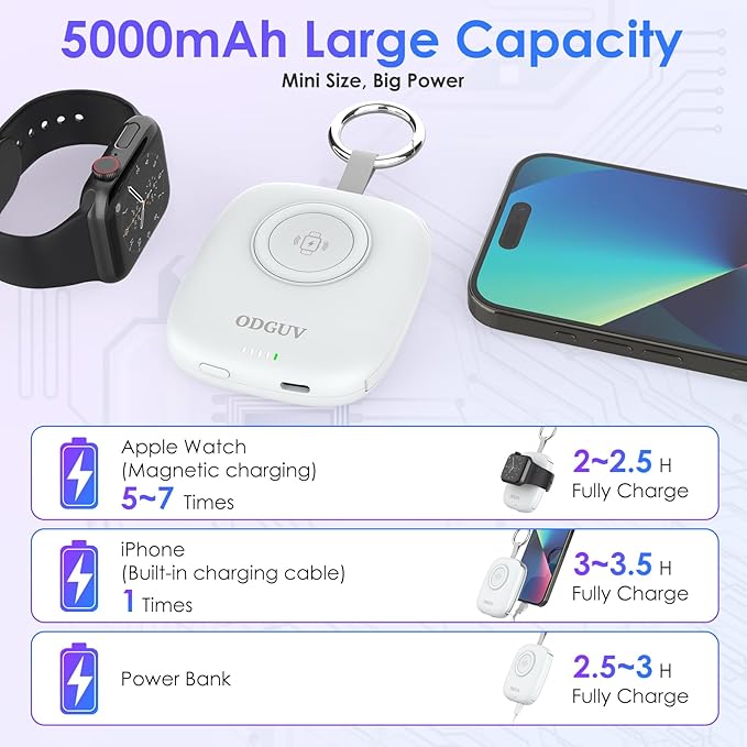 Small Portable Charger 5000mAh,iWatch Wireless Charger Mini Power Bank with Built-in Cable,Travel Keychain Charger for Apple Watch 10/9/Ultra2/8/Ultra/7/6/Se/5/4,iPhone 17/16/15/14/13/12,Android Phone