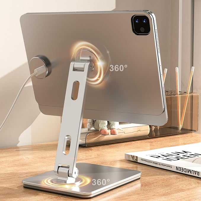 Magnetic Charging Stand for iPad Pro 11, Aluminum Foldable Charger Stand with 360° Rotation, USB-C Fast Wireless Charger Station for iPad, Holder Mount for Office (Rechargeable Version)
