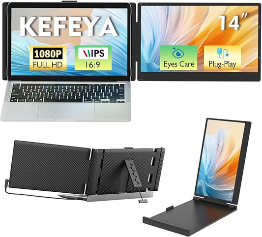 KEFEYA Laptop Screen Extender, 14" 1080P FHD IPS Laptop Monitor Extender for Home Office, Dual Travel Monitor for Laptops 13-17.3", USB-C HDMI Plug-Play for MacOS Windows PS Switch Xbox Phone Pad