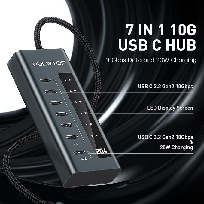 USB C Hub for Laptop, 7 in 1 10Gbps USB Adapter Support Data & Charging(Not Support Video), USB Hub 10Gbps Ports for iMac, MacBook Pro/Air, iPad, XPS, USB Hub Multiport Adapter