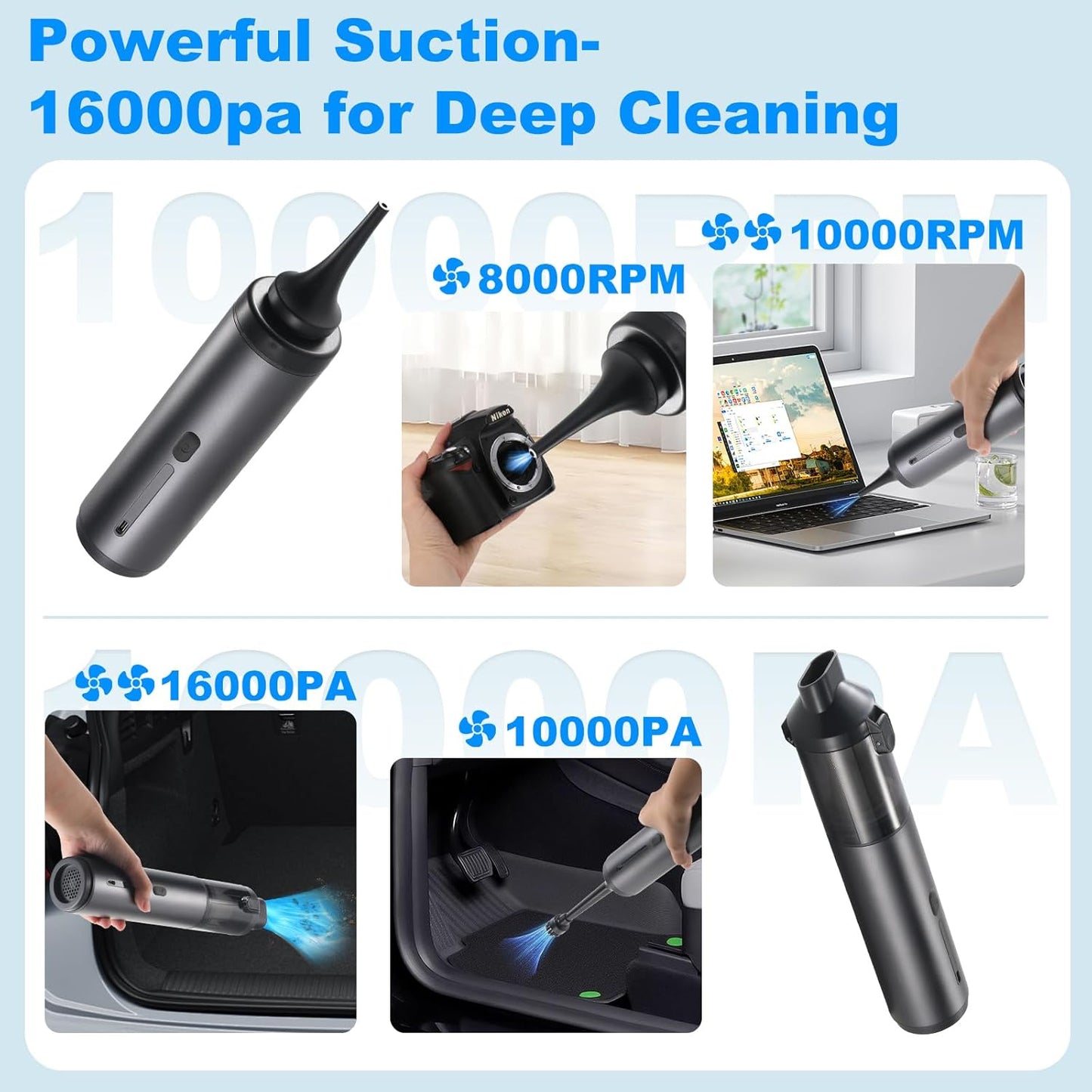 Mini Car Vacuum Cleaner, USB Charging, 4-in-1 Portable Handheld Cordless Vacuum Cleaner, 16,000pa Suction, 2 Suction Modes for Car, Home and Pet Hair