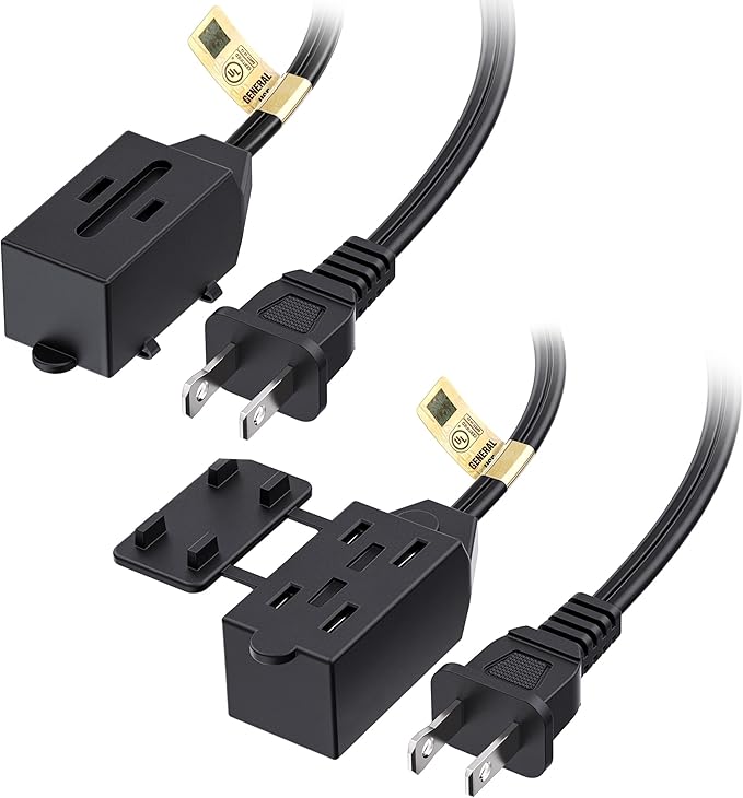 [UL Listed] Cable Matters 2-Pack 16 AWG 2 Prong Short Extension Cord 3 ft, 13A 3-Outlet Extension Cords with Tamper Guard, 13 Amp, 1625 Watts, Black