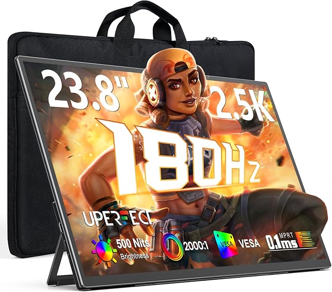 UPERFECT Portable Monitor 23.8” 180HZ, 2.5K Gaming Monitor, 500 Nits 24" Large Monitor with 0.1MS FreeSync, USB-C & HDMI, VESA & Kickstand, QHD IPS, Second Screen for Laptop, Computer, Game Consoles