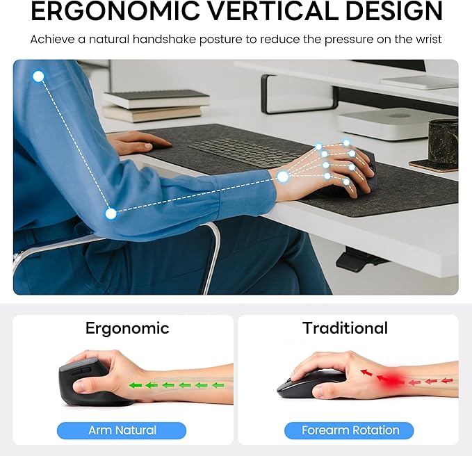 Uineer Ergonomic Wireless Mouse,Bluetooth Vertical Mouse with BT5.0/4.0/2.4G, Rechargeable with Battery Indicator,Ergonomic Design for Comfort and Reduced Wrist Strain for Home,Office Use,Black