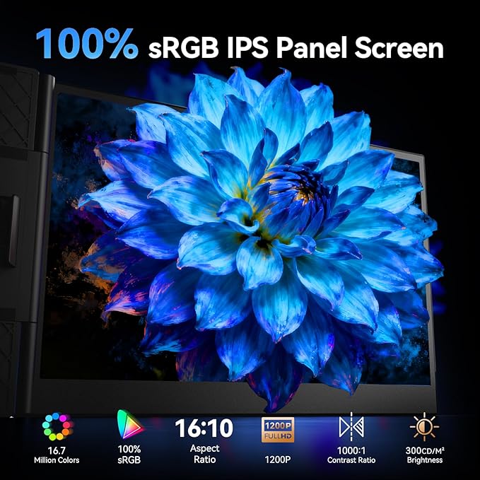 Laptop Screen Extender Monitor, 16:10 IPS 100% sRGB Portable Travel Monitor for Laptop, FHD 1200P External Display Screen, Dual Screen Attachment Plug & Play for Mac Windows