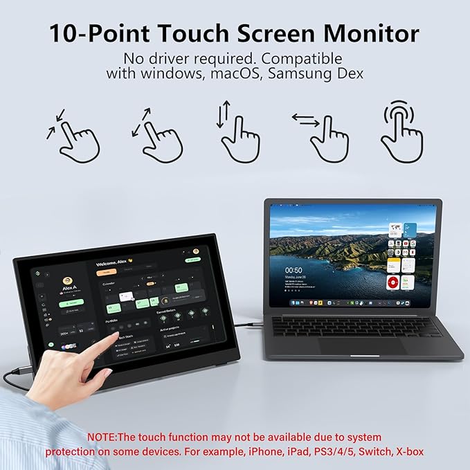 InnoView Portable Monitor Touchscreen 15.6" 1080P 10-Point Touch Screen Monitor Portable with Protective Sleeve Built-in Stand, 1200:1 HDMI USB C Travel Monitors for Laptop, PC, Phone