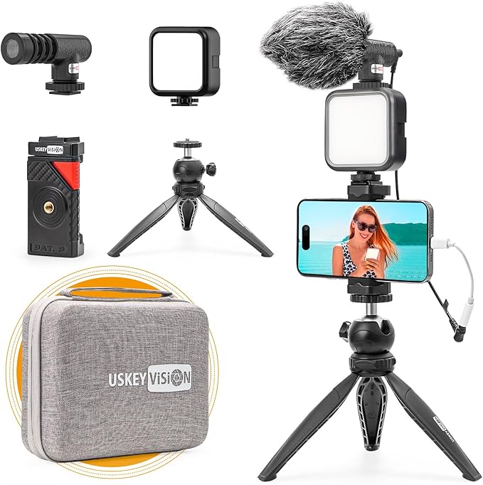 USKEYVISION Smartphone Vlogging Kit for iPhone 16/15/14 Mini/Pro/Max, Android Smartphone Content Creator Kit w/Microphone Light Auto-Switch Phone Clip for YouTube Tiktok Live Steam (Vlog K2)