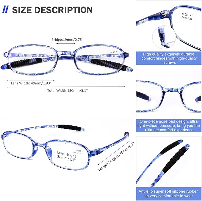 AQWANO Lightweight Computer Reading Glasses Blue Light Blocking TR90 Flexible UV400 Protection Readers for Women Men, 1.0