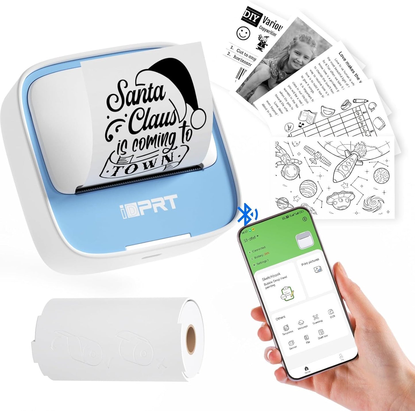 iDPRT Portable Mini Thermal Sticker Printer, Bluetooth Inkless Printers with 1 Roll Sticker Paper, Sticker Machine Efficiently and Quickly, for Notes, Journal, DIY, Kids Gift