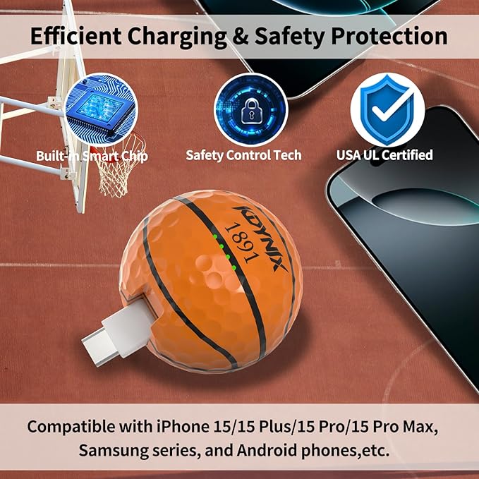 2000mAh Creative Golf Ball Power Bank, Emergency Mini Power Portable Charger USB-C, Compatible with iPhone15,16，17，15 Plus,15 Pro Max, Gift for Golf Lover Men Women (Basketbal Golf Power Bank)