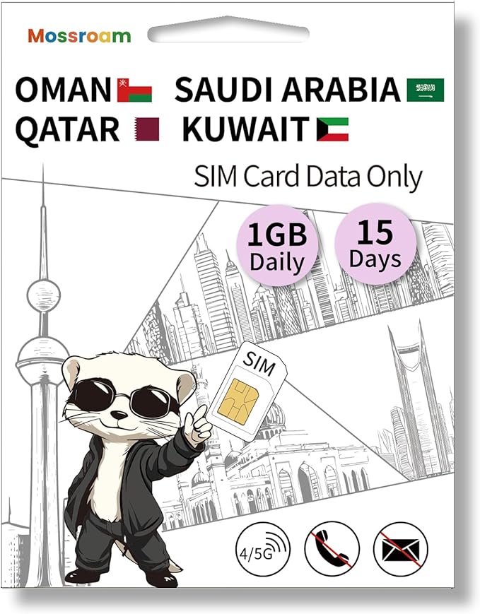 3-in-1 SIM Card for Saudi Arabia, Qatar, Oman, Kuwait – Prepaid Data Plans | Day Pass 1GB Daily Data,15 Days | Unlimited 4/5G Speed Internet