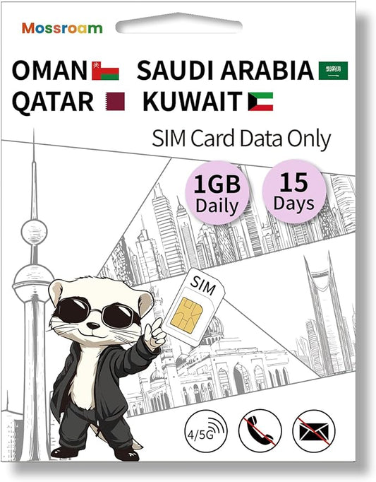 3-in-1 SIM Card for Saudi Arabia, Qatar, Oman, Kuwait – Prepaid Data Plans | Day Pass 1GB Daily Data,15 Days | Unlimited 4/5G Speed Internet