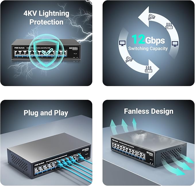 8 Port PoE Switch with 8 Ports 100Mbps PoE+@120W + 2 * Gigabit Uplink Port, NICGIGA 10 Port 802.3af/at Power Over Ethernet Network Switch Unmanaged, VLAN and 250m Extender Mode, Fanless.