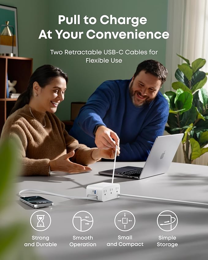 Anker Nano Charging Station, 7-in-1 USB-C Power Strip for iPhone 16, 2.3 ft Anker InstaCord Retractable Cable, 3 USB-C, 1 USB-A, 3 AC, 100W Desktop Fast Charging for MacBook, Home, Office(Non-Battery)