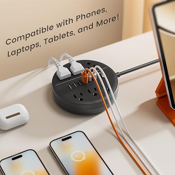 10 FT Surge Protector Power Strip, Extension Cord with Multiple Outlet, 6 AC Outlets, 4 USB & 2 USB C Ports & Control Switch, Portable Outlet Extender, Flat Plug, Wall Mount for Office Home Dorm,Black