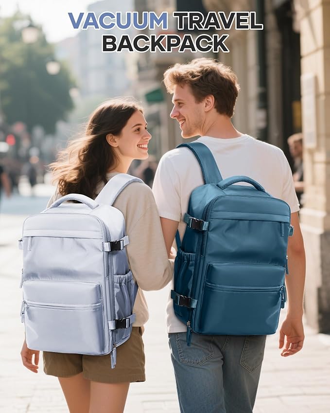Vacuum Travel Backpack with Pump for Women,Personal Item Carry on Backpacks Flight Approved 18x14x8 inches for Men,Laptop Waterproof Work Compression bags Casual Daypack Grey.