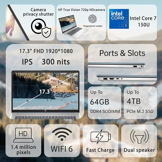 HP 2025 Essential Laptop, 17.3" FHD, Intel Core 7 150U (Beats I7 1335U), 64GB RAM, 2TB SSD, Fingerprint Reader, Backlit Keyboard, Wi-Fi 6, Win 11 Home, Blue, Bundle with ADATA 512 External SSD