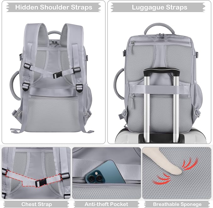 Hanples Large Travel Backpack for Women as Person Item Flight Approved, 35L Carry on Backpack,17 Inch Laptop Backpack with USB Charging Port, Travel Essentials with 2 Toiletry Bags (Gray)