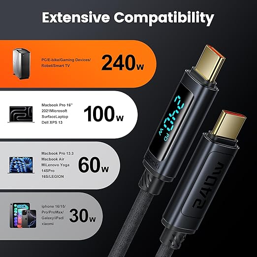 USB C Cable 3.3ft 240W Fast Charging Cord with LED Display Compatible with iPhone 17 16 15 Pro Plus Pro Max Air, iPad Pro, Samsung Galaxy S24 S23, Switch, MacBook Air, Pixel