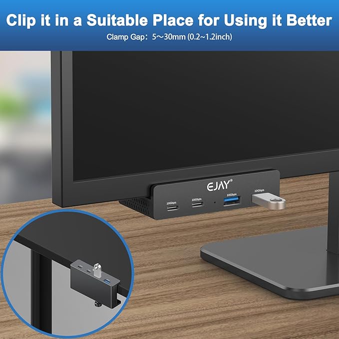 EJAY 4Ports 10Gbps USB-C HUB USB3.2 Clamp USB HUB Splitter,Mountable USB-C Adapter with Data & Power Cable for iMac 2021 and later-10Gbps(JK-2A2C-BK)