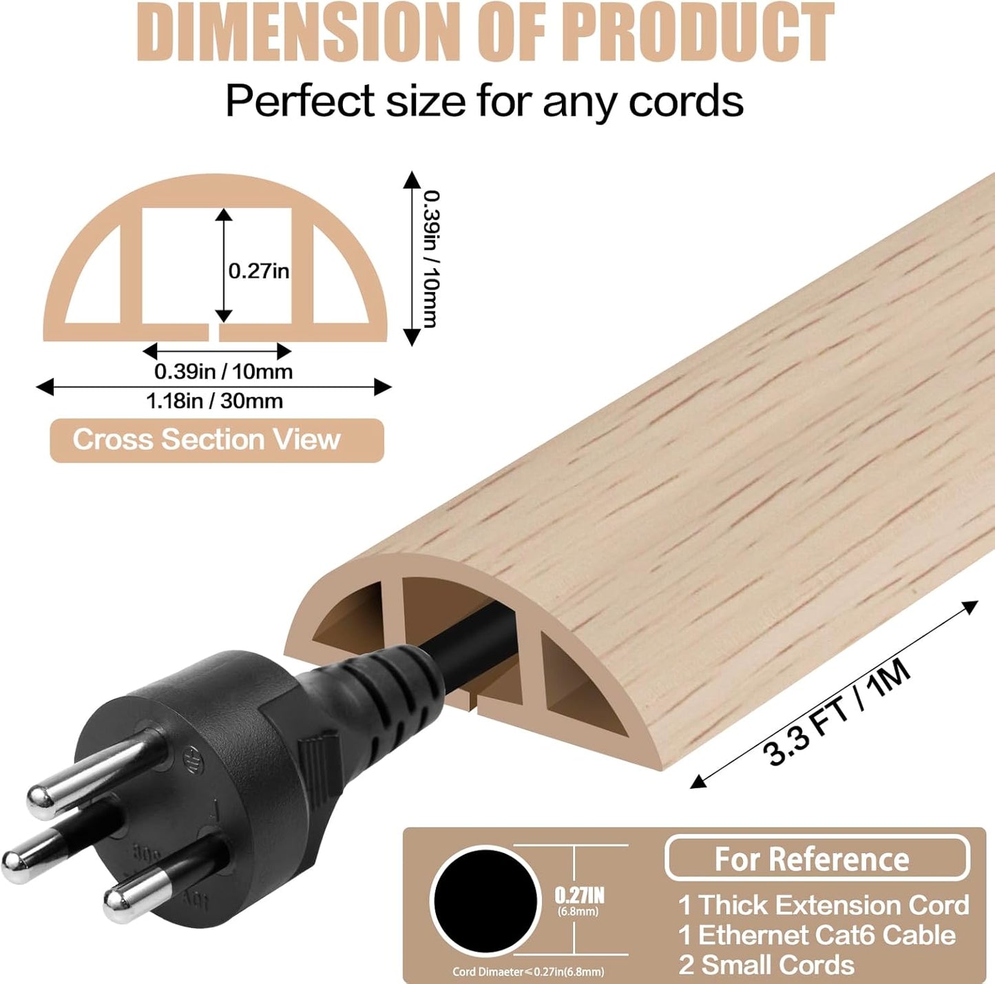 Floor Cord Cover Self Adhesive Cord Hider,3.3FT Cable Management, Extension Strip Protector for Wires, Prevent Cable Trips for Offices, Gyms, Exhibitions Cavity:0.39"(W) x 0.27"(H) Yellow Wood