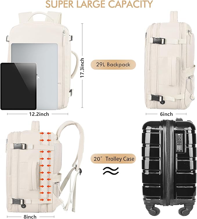 Beraliy Travel Backpack, Large Carry On Backpack, Personal Item Travel Bag, Airline Approved 17 Inch Laptop Backpack, College Weekender Business Hiking Bag, Beige