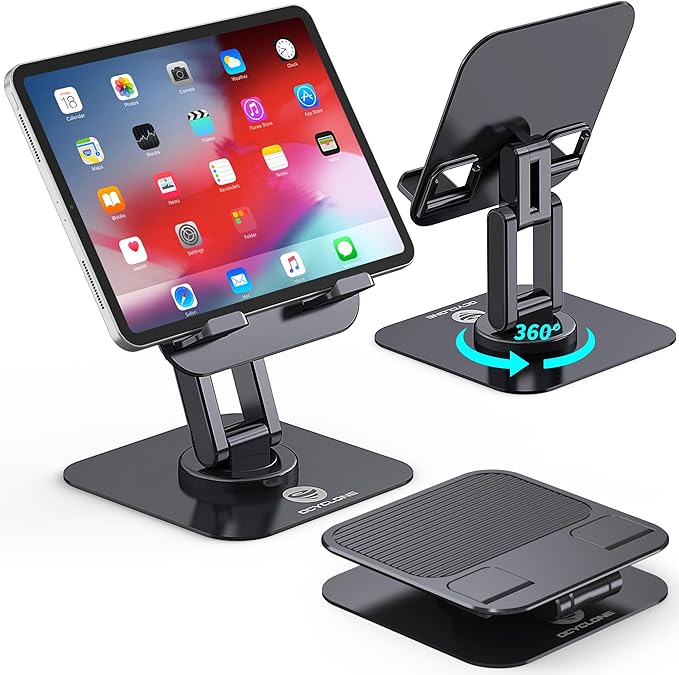 OCYCLONE for iPad Stand for Desk, 360 Rotating Adjustable Portable Monitor Tablet Holder Office Accessories Compatible with Kindle 4" - 15.6" Tablet iPad PS iPhone, Black