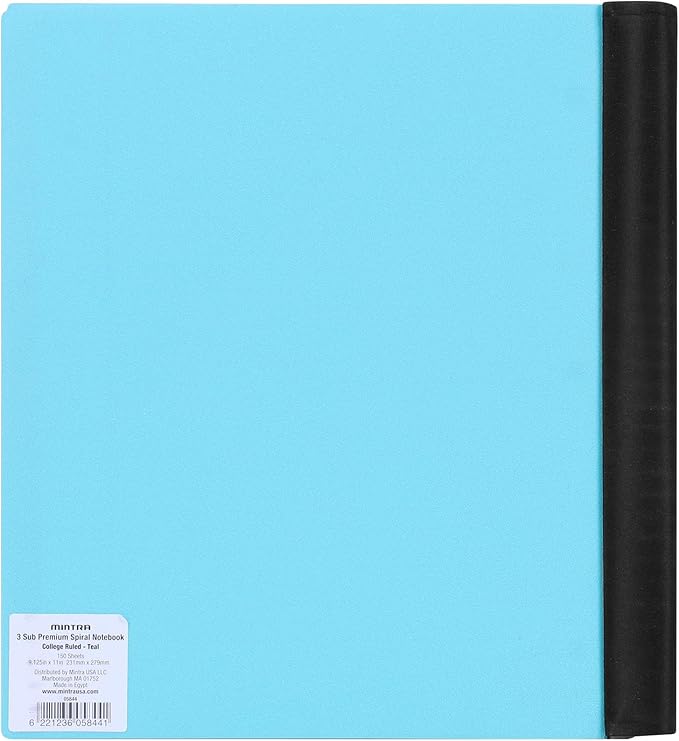 Mintra Office Durable PREMIUM Spiral Notebook, ((Teal, 3 Subject, 8.5in x 11in)), Fabric Covered Coils, No Snags, Removable Adjustable Pocket Dividers, Ruler, Organization, Customizable