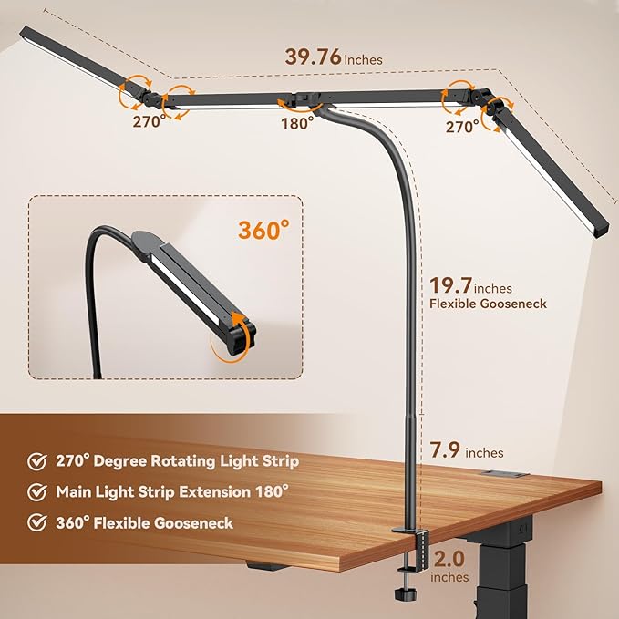 Led Desk Lamps for Home Office - Eye Caring Architect Lamp with Clamp, Double Head Computer Monitor Gooseneck Desk Light with Remote Control: 24W Flexible Dimmable Desktop Table Lamp