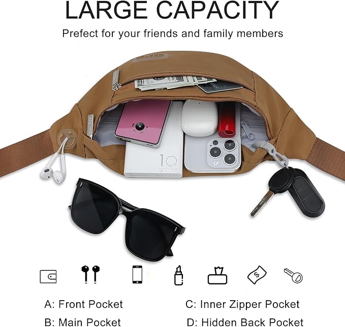 MAXTOP Large Crossbody Fanny Pack with 4-Zipper Pockets,Gifts for Enjoy Sports Festival Workout Traveling Running Casual Hands-Free Wallets Waist Pack Phone Bag Carrying All Phones