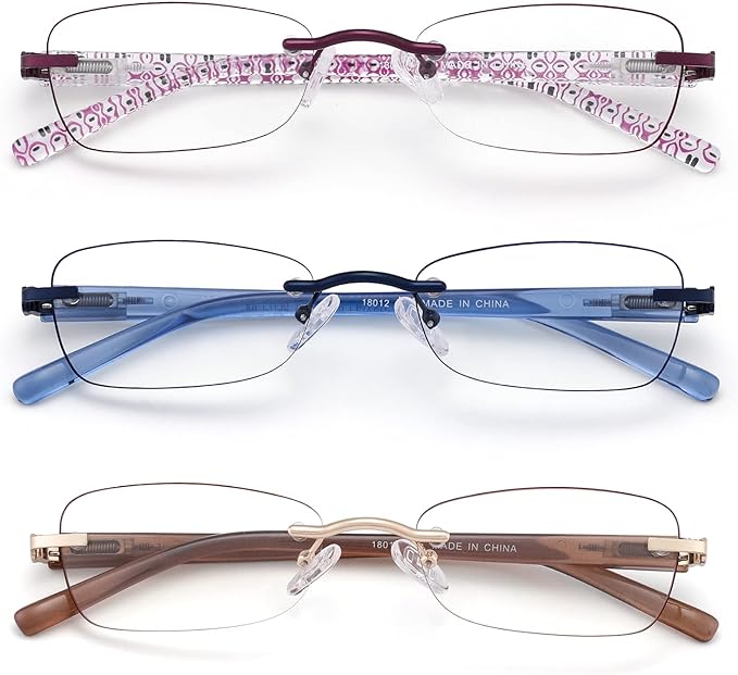 3 Pack Rimless Reading Glasses for Women Blue Light Blocking Readers Tinted Edge Spring Hinge Pattern Print Arm Eyeglasses Mix 4.00