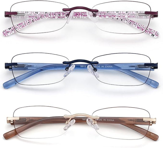3 Pack Rimless Reading Glasses for Women Blue Light Blocking Readers Tinted Edge Spring Hinge Pattern Print Arm Eyeglasses Mix 4.00