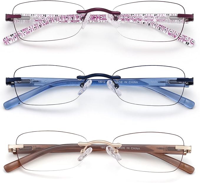 3 Pack Rimless Reading Glasses for Women Blue Light Blocking Readers Tinted Edge Spring Hinge Pattern Print Arm Eyeglasses Mix 1.50