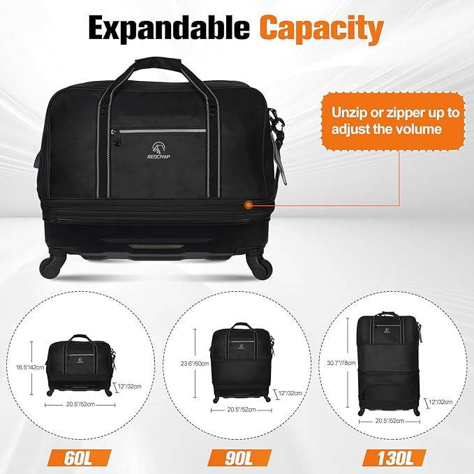 REDCAMP Expandable Foldable Rolling Duffel Bag with Wheels, Collapsible Suitcase Luggage Rolling Travel Bag Lightweight for for Women and Men, 60-130L