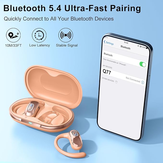 Open Ear Headphones, Bluetooth 5.4 Earbuds, 50H, Air Conduction Ear buds, HD Stereo Bass Over Ear Earphones with Earhooks, Ultra-Comfort Secure Fit, IPX7 Waterproof Headset for Working Sports, Orange