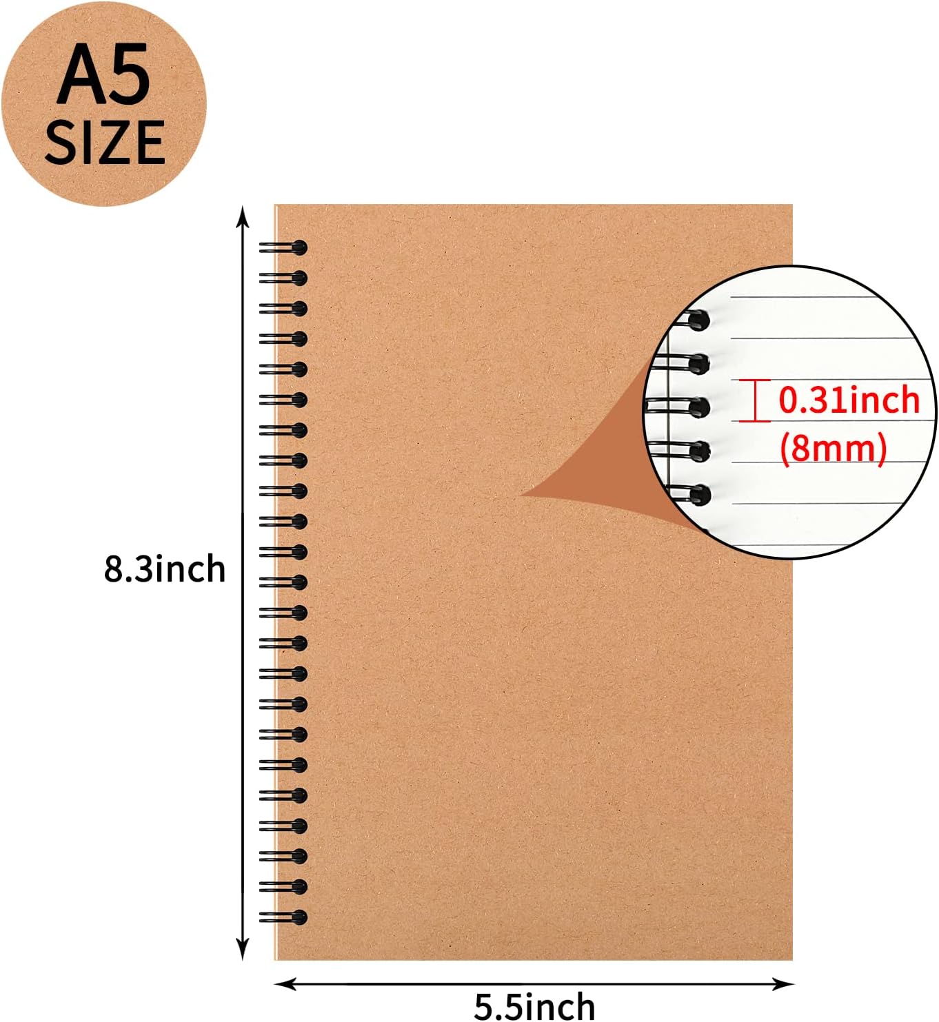 24 Pack A5 Spiral Notebooks Journal with Kraft Cover, 5x8 Inches, Ruled Lined Paper, for Work, Sketches, Study, Notes Taking, Gifts, Brown (24 PCS(Lined))