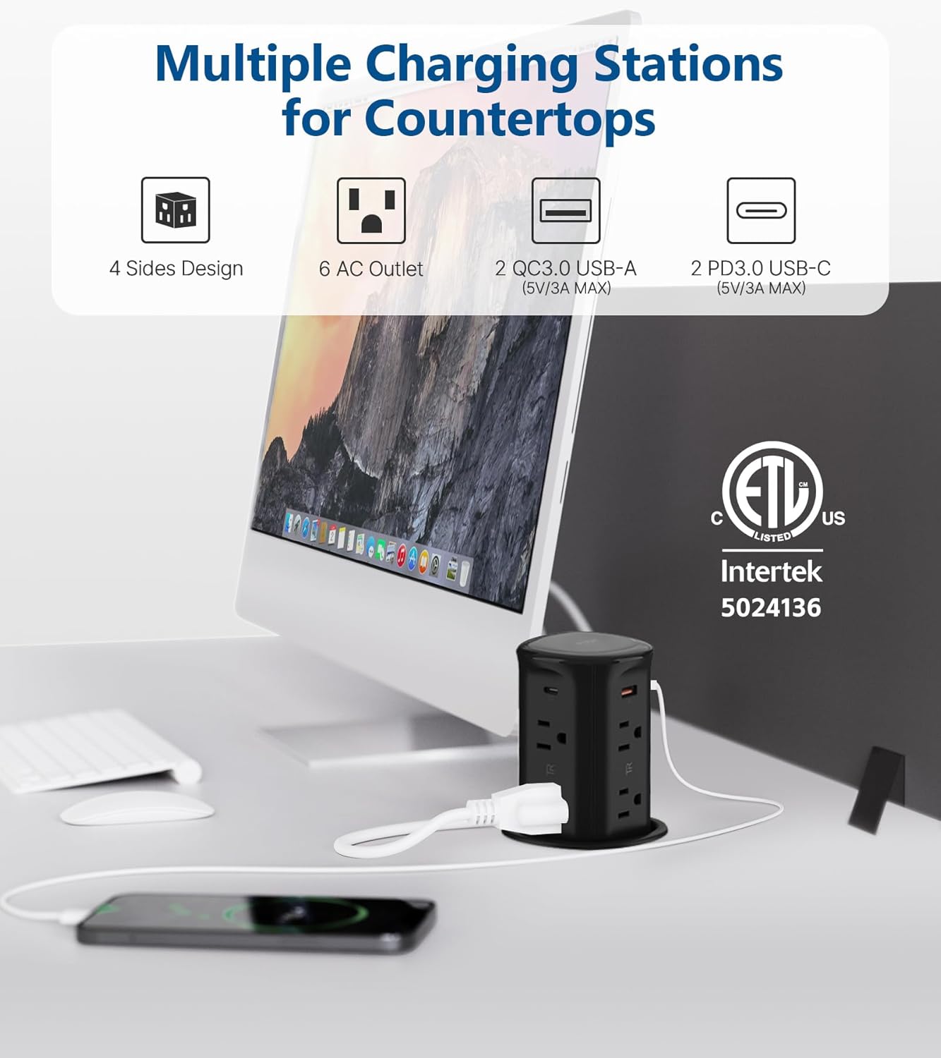 Pop up Outlet for Countertop,3-1/8 inch Hole Desk Grommet Power Station,20W USB C Fast Charging,8 Outlets 4-USB,Kitchen Island Pop Up Electrical Outlet,ETL Listed