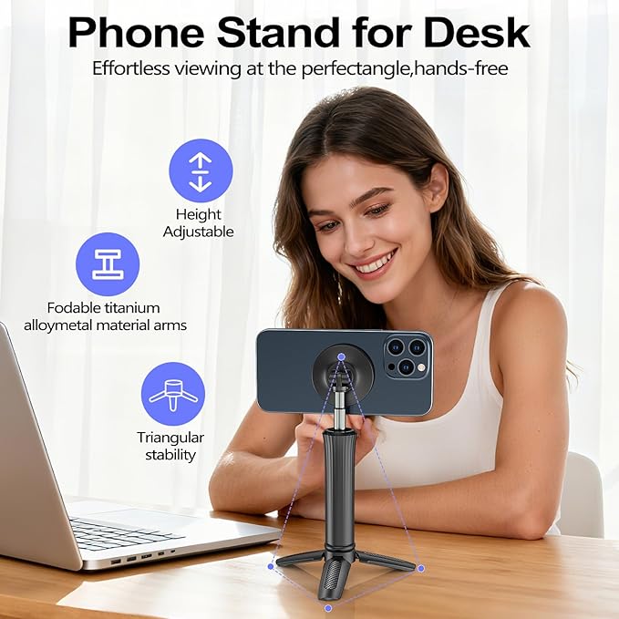 Phone Holder Stand for Desk,Adjustable Phone Holder for Recording,iPhone Stand for Filming,Cell Phone Stand Office Camping Travel Essentials,Detachable Tripod, Magnetic Stand for iPhone,Galaxy