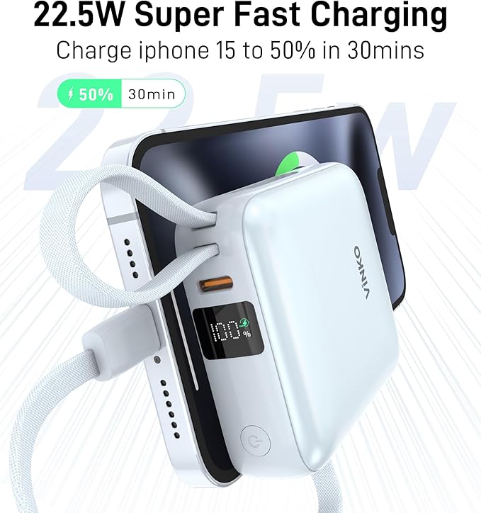 VINKO Portable Charger with Built-in Cable, 10000mAh 22.5W Fast Charging USB C Battery Bank, Cell Phone Power Bank for iPhone 16 15 14 Samsung Galaxy S24 S23 Series Android Tablet (Blue)