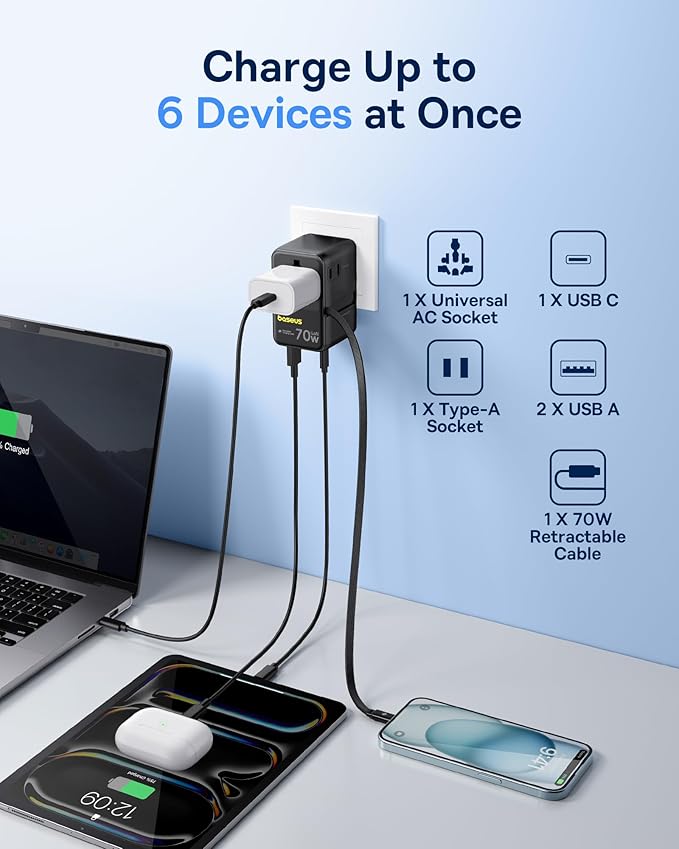 Baseus 70W Universal Travel Adapter with Retractable Cable, 6-in-1 International Plug Adapter and Baseus Charging Station 120W, 6-in-1 USB-C PD Fast Charging Desktop Charger