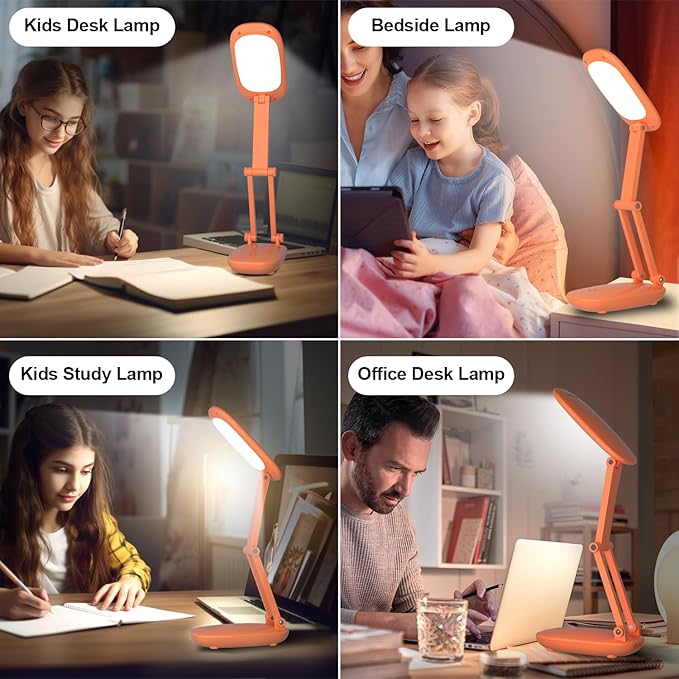 LED Desk Lamp for Office Home & Battery Operated Lamp Rechargeable Lamp Foldable & Portable Light, [2-Fold Bracket] 3 Brightness Dimmable Small Desk Lamp Wireless Reading Lamp (Orange)