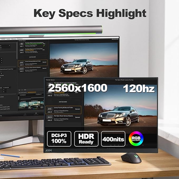 AXM 16" 2.5K Portable Monitor 2.5k QHD IPS 120Hz Adaptive Sync HDR Flicker-Free 400 Nits 100% DCI-P3 USB-C HDMI Gaming & Travel for Laptop Compatible with Windows, MacBook, Phone, Switch, Xbox PS4/5